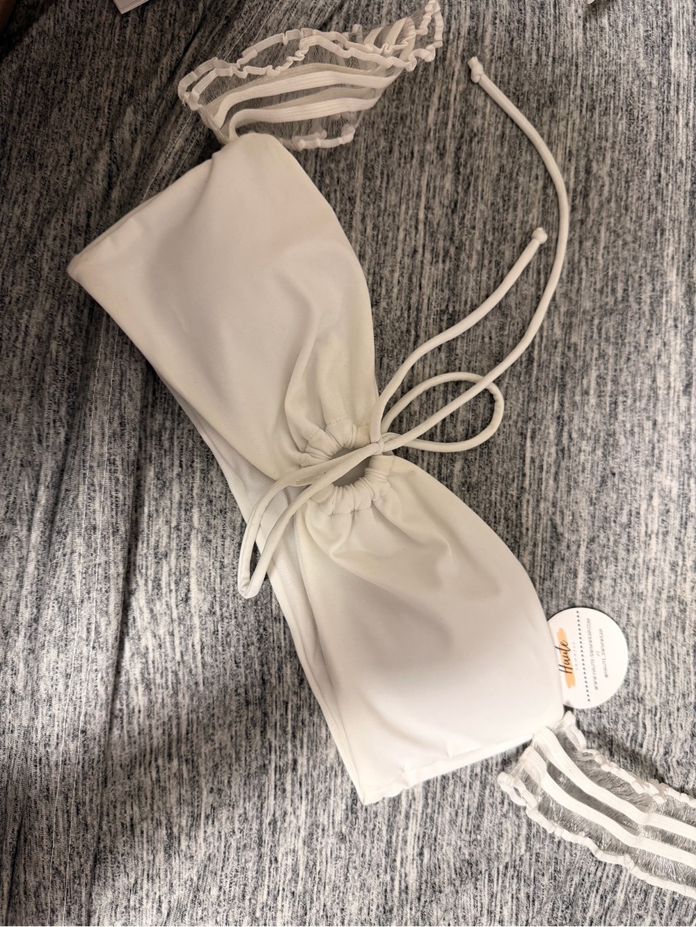 Haute Swimwear. Women's White Strapless Drawstring Bikini top and bottom